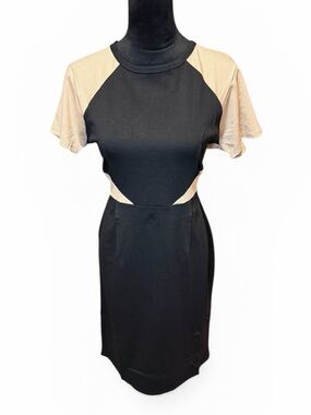 NWT Contrast Short-Sleeve Black Mini Dress with Beige Accents
